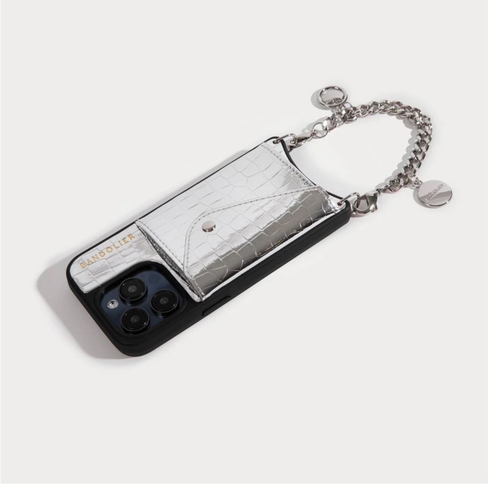 Bandolier Metallic Silver iPhone 16 Pro Croc Phone Case with Chain